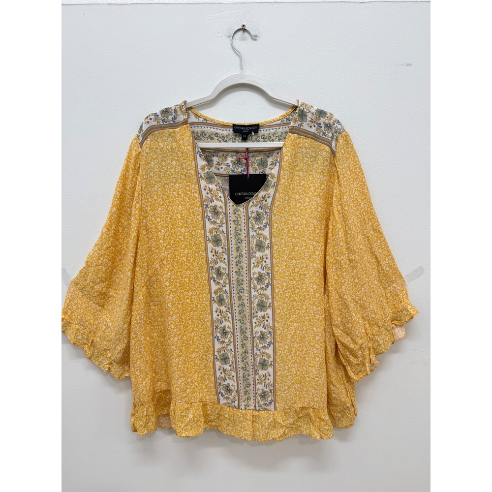 Cynthia Rowley Blouse 2X Yellow Floral Boho Ruffle Bell Sleeve V-Neck Top - Picture 2 of 8